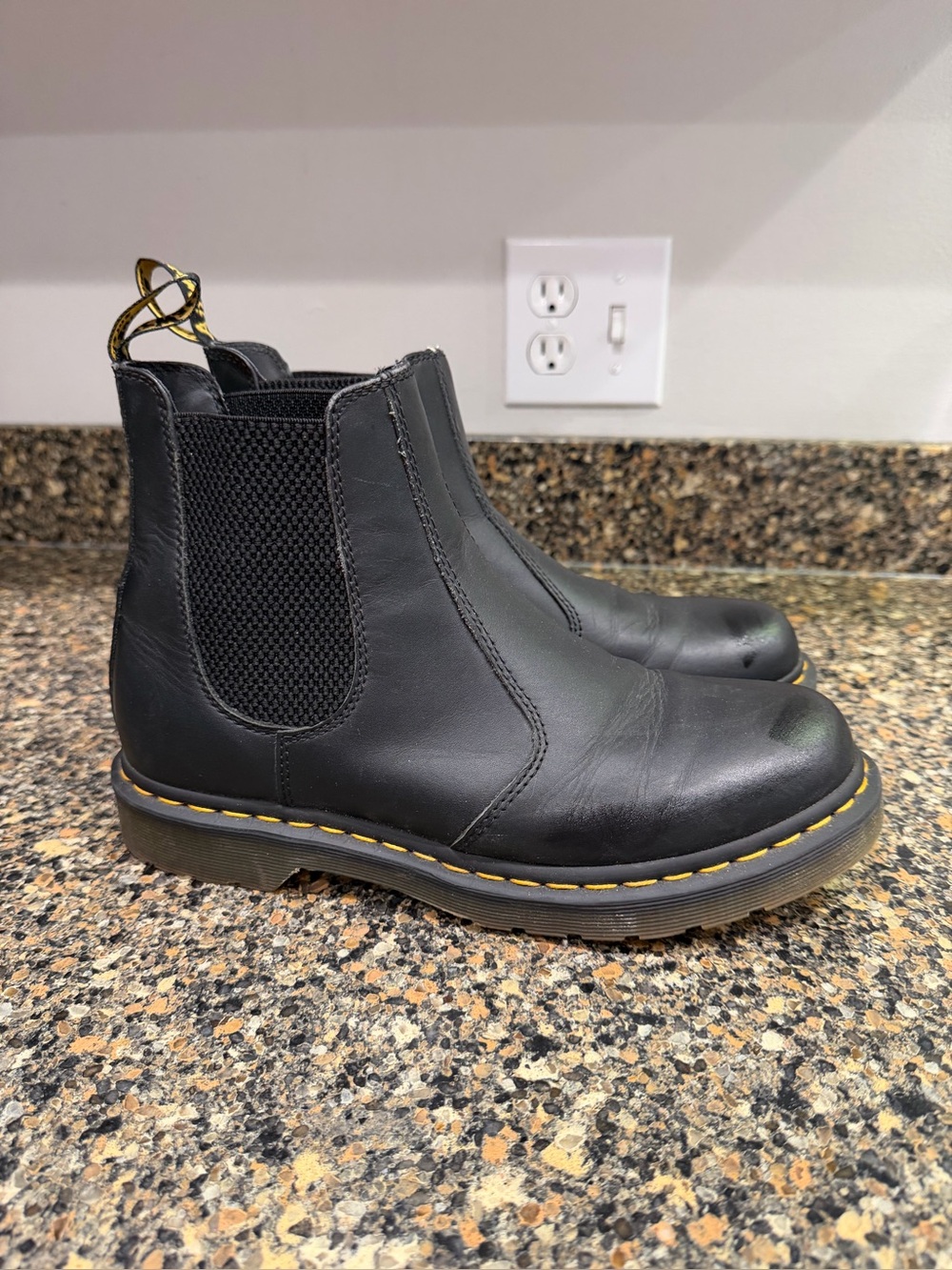 Black Leather Chelsea Work Boots with Yellow Stitching dr martens size 10